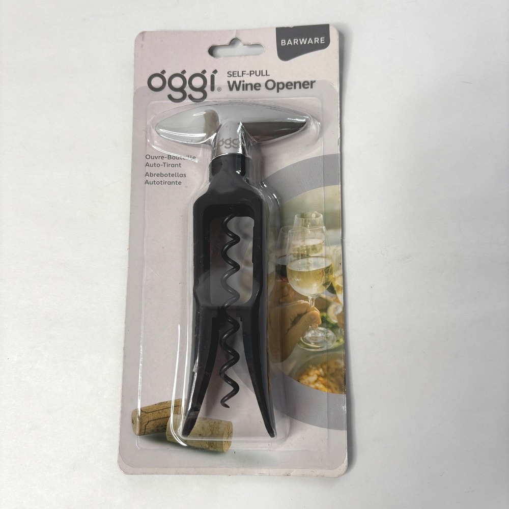 Oggi Self Pull Wine Opener Corkscrew Barware Black Silver New‎ In Package